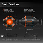 Black inline duct fan with orange accents, shown front and side with dimensions, power cord, and fan controller