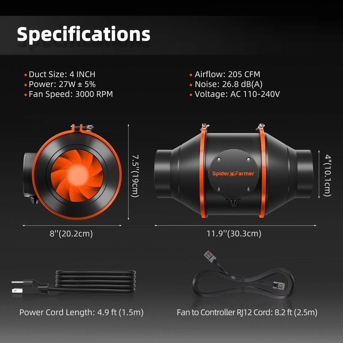 Black inline duct fan with orange accents, shown front and side with dimensions, power cord, and fan controller