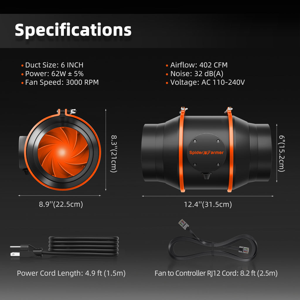 Spider Farmer 150mm complete exhaust set featuring a sleek black casing with vibrant orange accents — efficient airflow of 683 m³/h.