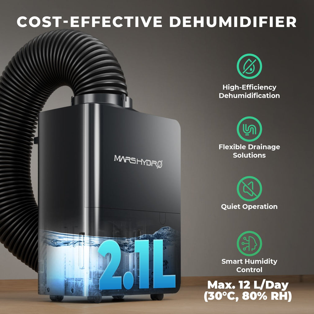 2,1 Liter Wassertank des Mars Hydro Entfeuchters – Kompakte Lösung für Indoor-Grower mit automatischer Abschaltfunktion bei vollem Tank.