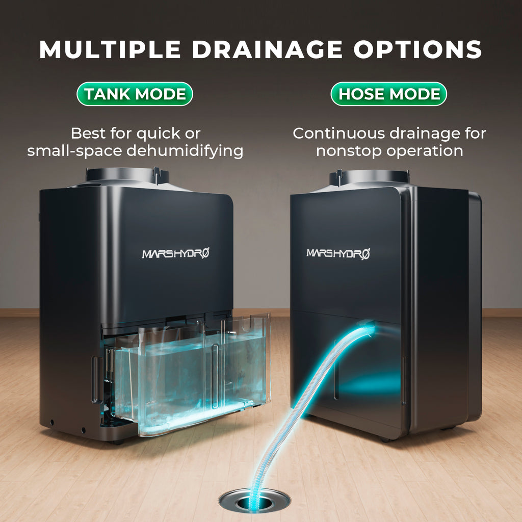 2,1 Liter Wassertank des Mars Hydro Entfeuchters – Kompakte Lösung für Indoor-Grower mit automatischer Abschaltfunktion bei vollem Tank.