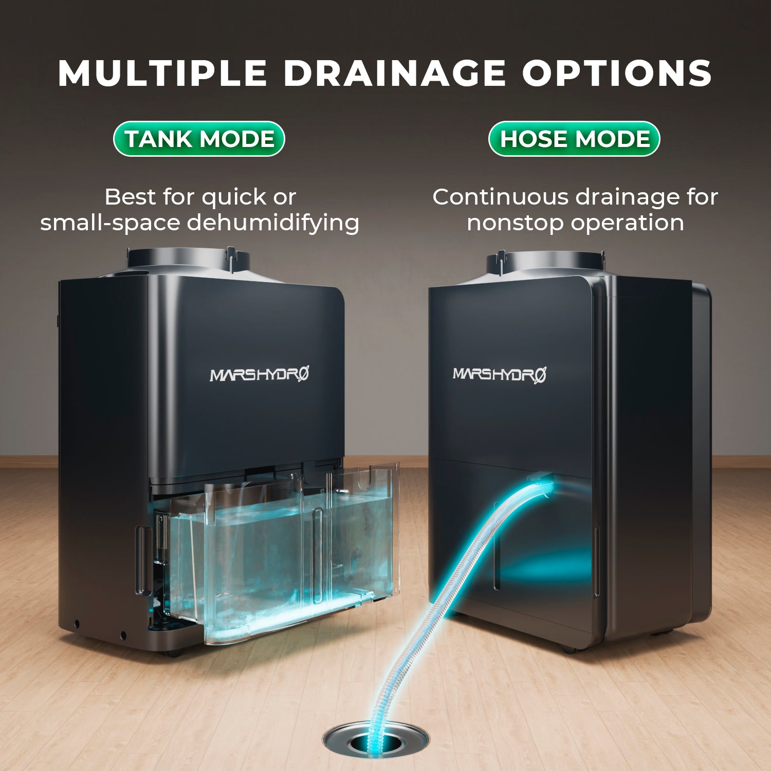 2,1 Liter Wassertank des Mars Hydro Entfeuchters – Kompakte Lösung für Indoor-Grower mit automatischer Abschaltfunktion bei vollem Tank.