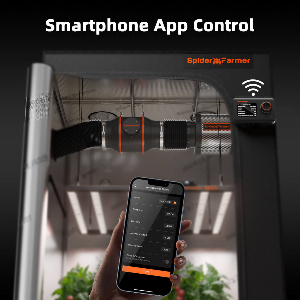 Spider Farmer 100mm exhaust fan with smartphone app control — efficient airflow at 348 m³/h for optimal ventilation.