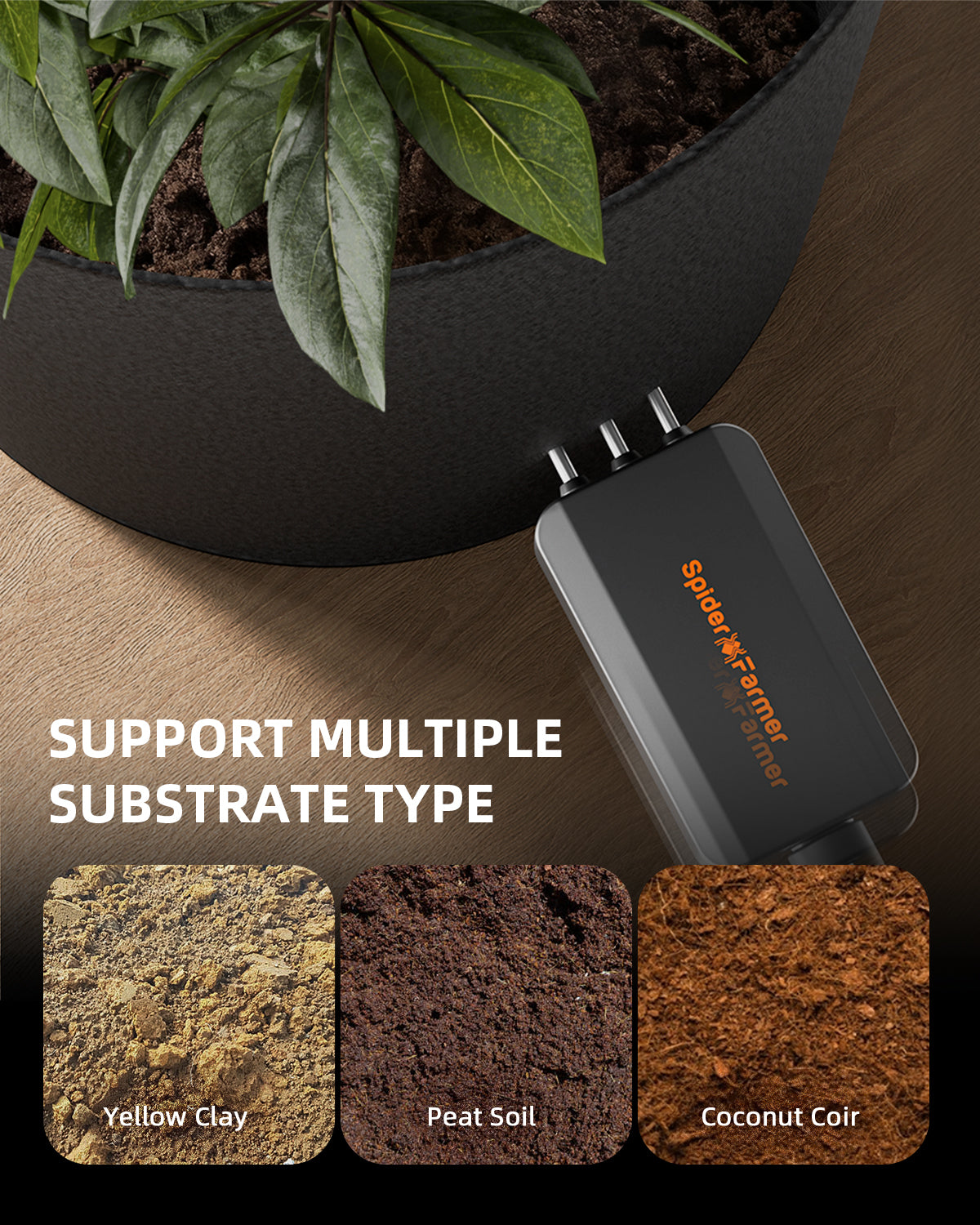 Auswahl des Substrattyps in der Spider Farmer App – Optimierte Kalibrierung des 3-in-1 Sensors für Erde, Kokos oder Steinwolle für maximale Datengenauigkeit. 