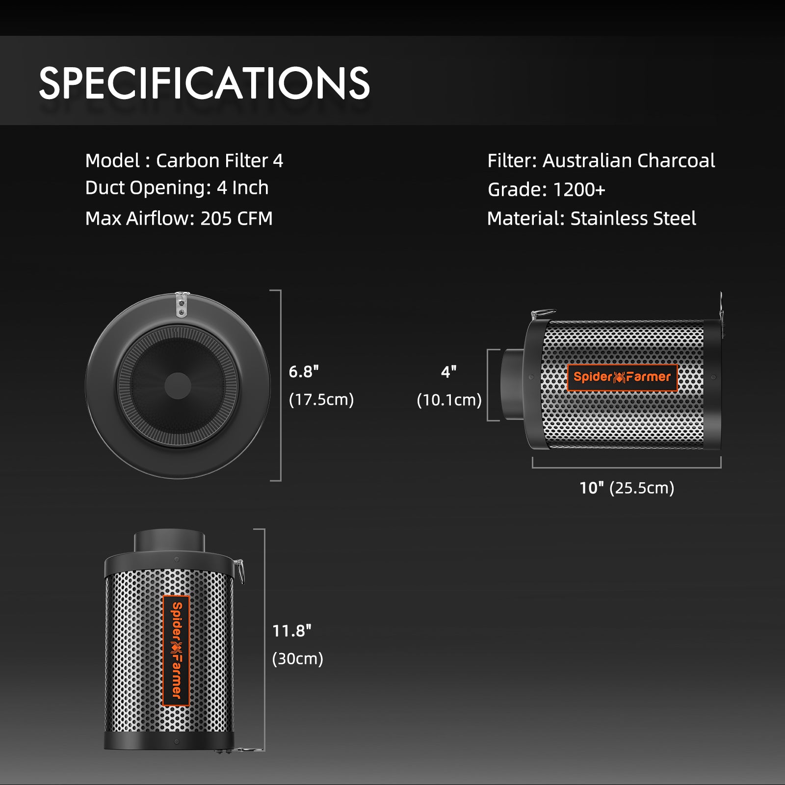 Spider Farmer 100mm exhaust set featuring a stainless steel carbon filter with Australian charcoal — designed for efficient airflow up to 348 m³/h.
