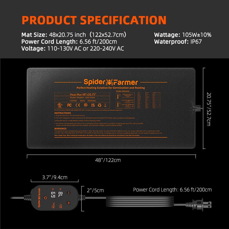 Lieferumfang Spider Farmer Heizmatten-Kit: XXL-Wärmematte und digitales Steuergerät – Professionelles Equipment für die ganzjährige Pflanzenanzucht.