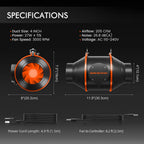 Black and orange inline duct fan with front blades, dimensions, specifications, and power and controller cables