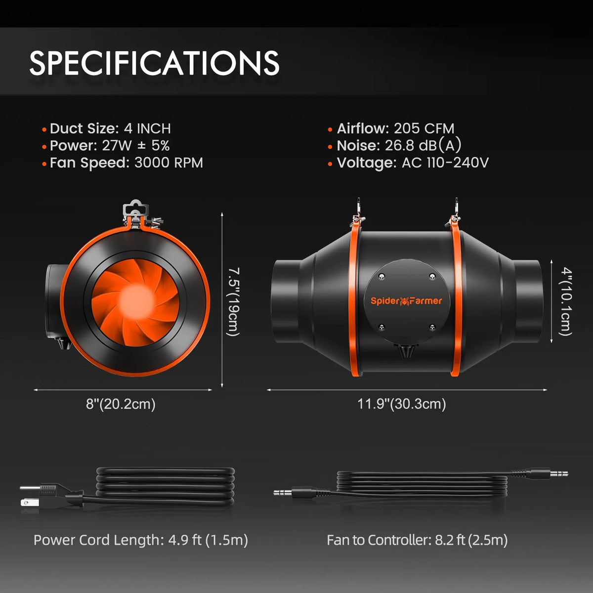 Black and orange inline duct fan with front grille, side dimensions, and visible power and controller cables