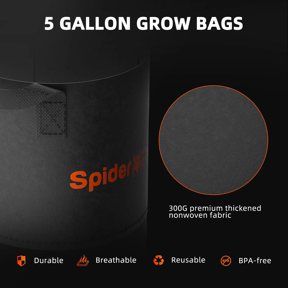 Black fabric grow bag with orange branding, shown beside a fabric texture circle and durability feature icons
