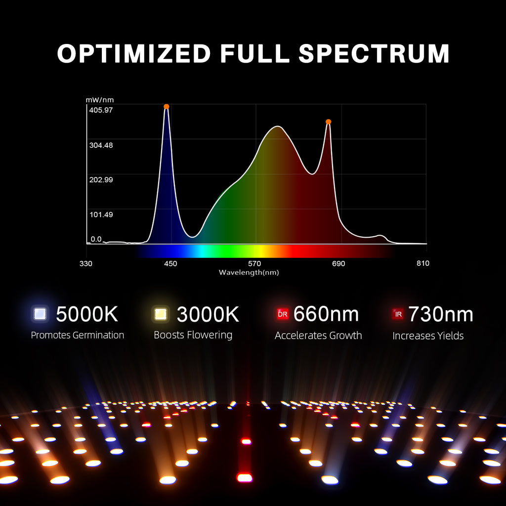 Spektrum: Visualisierung des Lichtspektrums inklusive Infrarot (IR) für optimale Blütephasen.