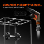 Black metal power rack with a loaded barbell and reinforced corner connector, shown with 153 pound bearing capacity text