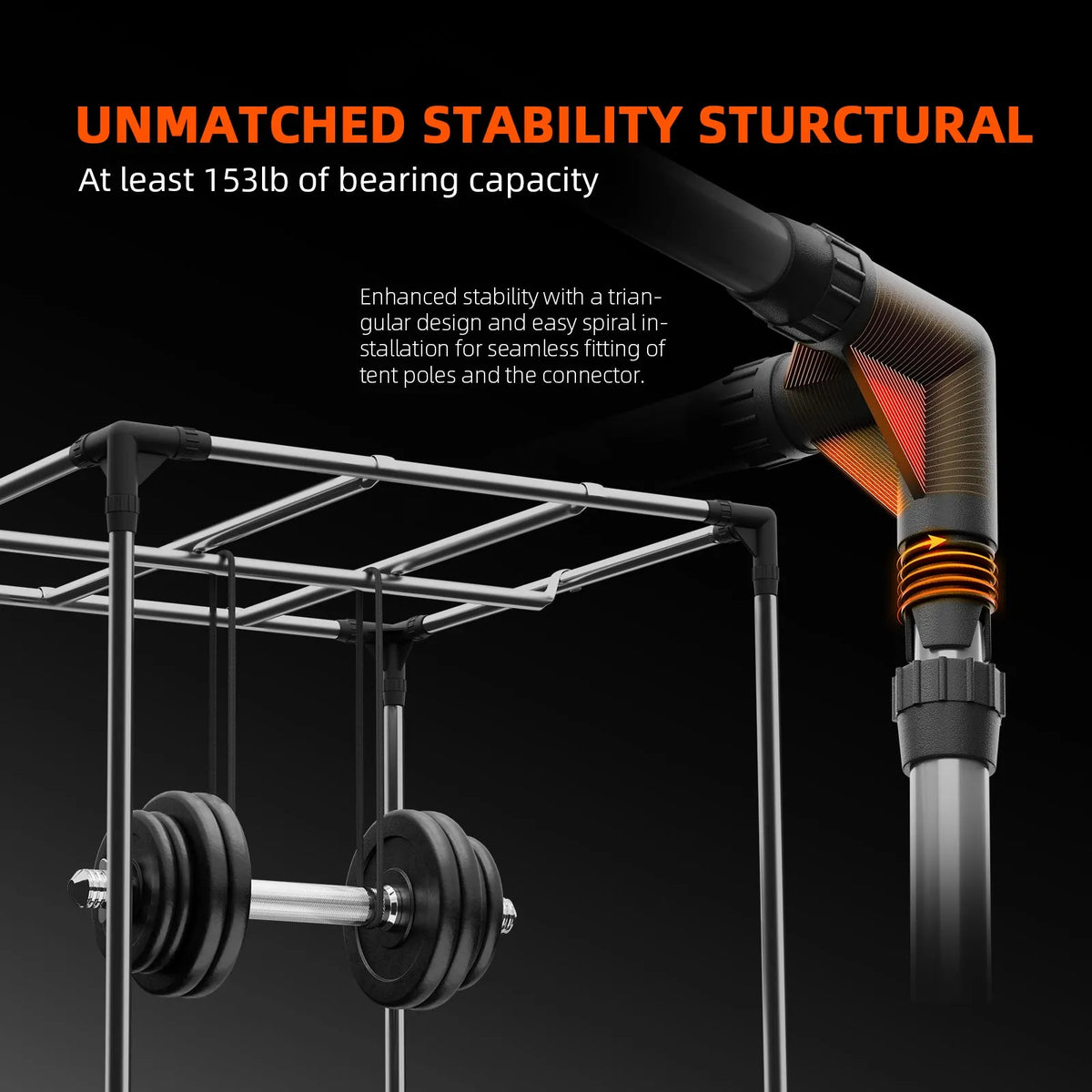 Black metal power rack with a loaded barbell and reinforced corner connector, shown with 153 pound bearing capacity text