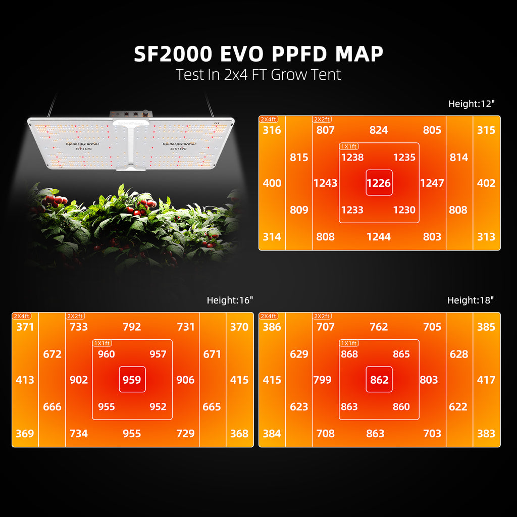 Spider Farmer SF2000-EVO smart grow tent set featuring a 120x60x180cm design — optimized for efficient LED growth with high output.