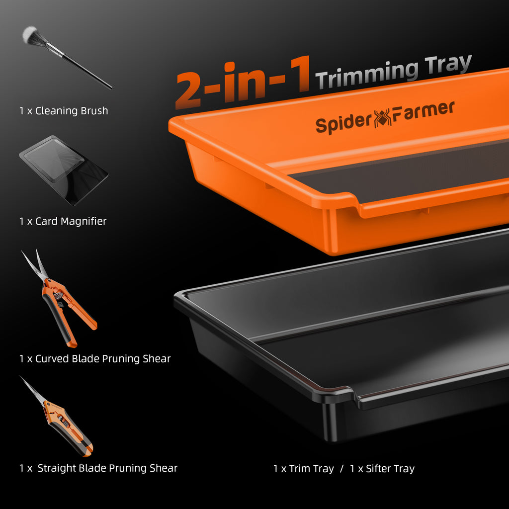 Professionelles Ernte-Zubehör Set: Trim Tray kombiniert mit Spider Farmer Erntescheren für beste Ergebnisse.