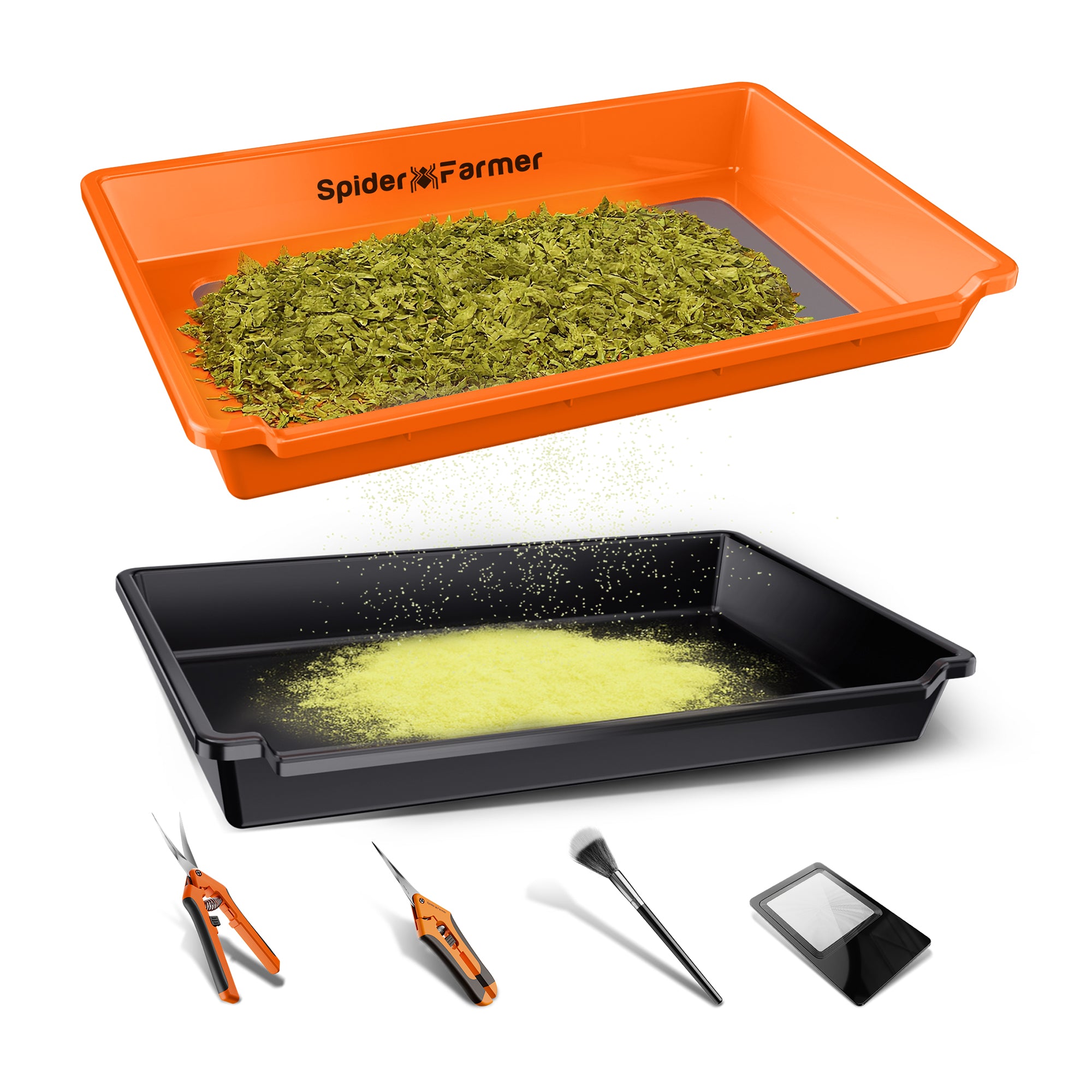 Spider Farmer 2-In-1 Trim Tray Gesamtansicht des Trimm-Sets mit Scheren und Lupe.
