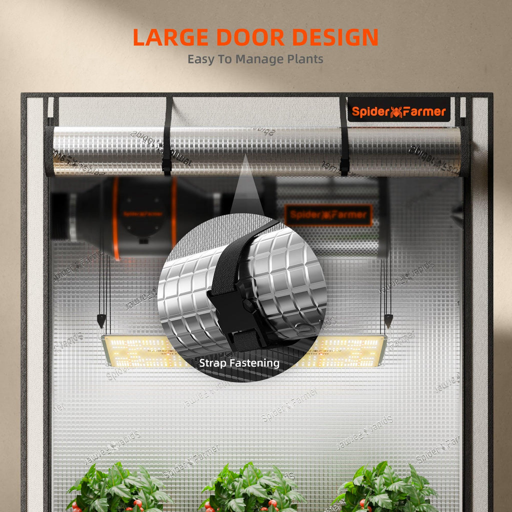 Roll-Up Flap Design: Darstellung der praktischen Rollos am Spider Farmer Zelt für einen einfachen Zugang zu den Pflanzen.