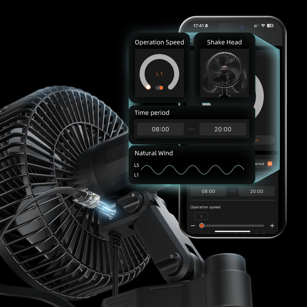 Spider Farmer Smart App Dashboard für Clip-Ventilatoren – Intelligente Fernsteuerung von Oszillation und 10 Windstufen sowie Zeitplanung für eine dynamische Luftzirkulation im Grow-Ökosystem.