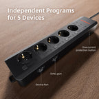 Black Spider Farmer smart power strip with 5 individually switchable outlets, showing device port and sync port on top
