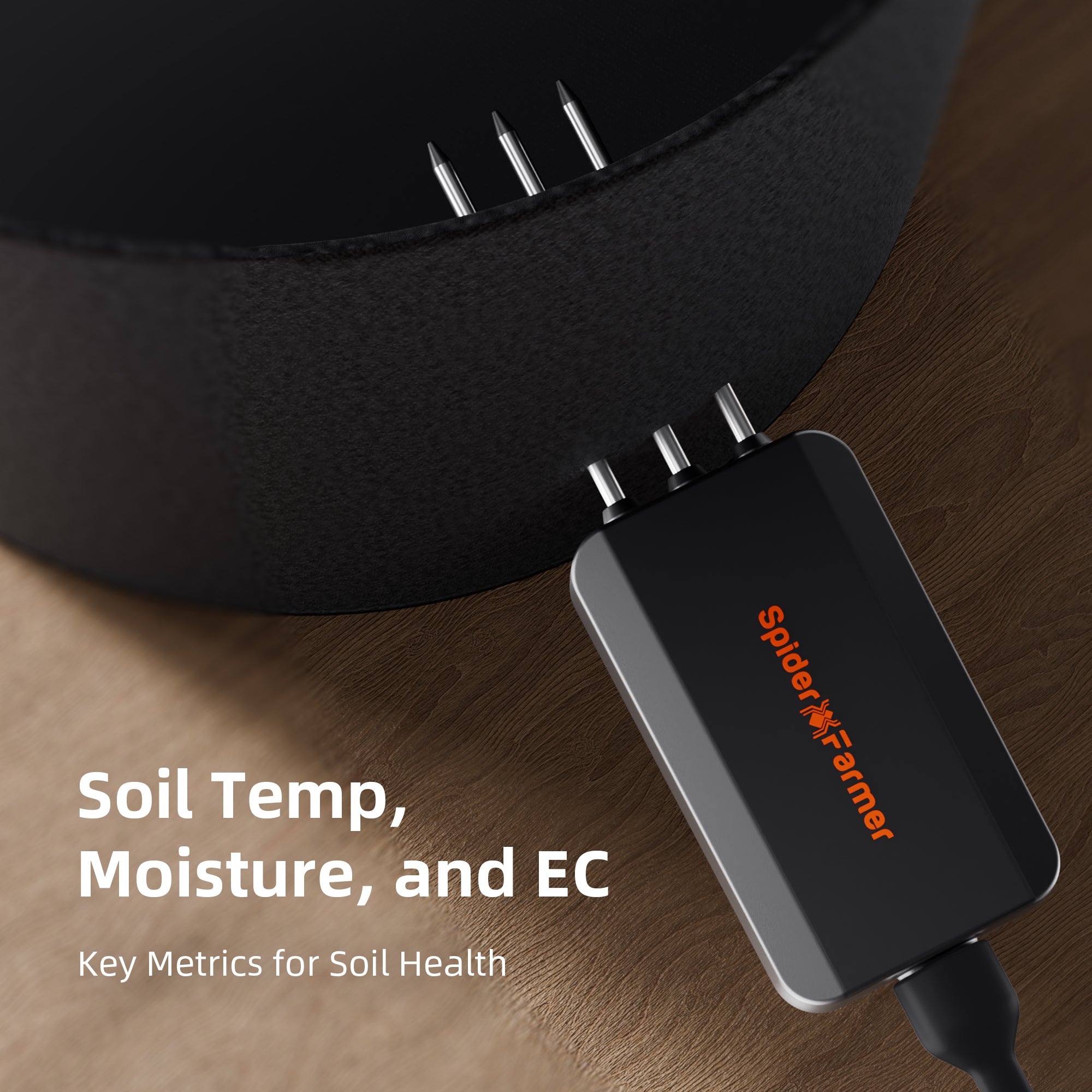 Spider Farmer 3-in-1 Bodensensor im Einsatz – Misst Bodenfeuchtigkeit, Temperatur und EC-Wert zur exakten Abstimmung der Nährstoffzufuhr nach eacygrow-Vorgaben.