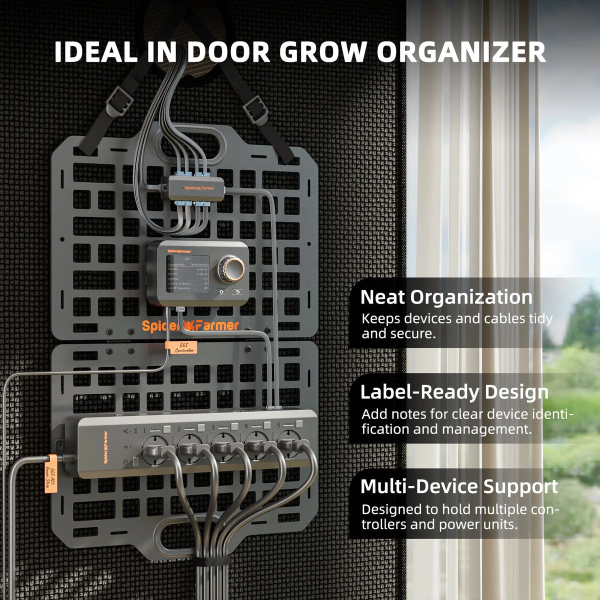 Spider Farmer Gear Board wand organizer in reinforced gray ABS plastic with cable and device organization