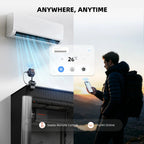 Split scene showing a wall mounted air conditioner, remote control display, outdoor phone control, and Wi-Fi symbols