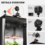Black indoor grow tent with LED light, controller, ventilation fan, and close-ups of mounting bracket and indicator light