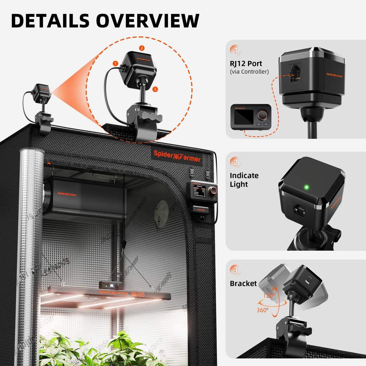 Black indoor grow tent with LED light, controller, ventilation fan, and close-ups of mounting bracket and indicator light