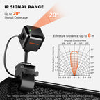 Black infrared signal transmitter with cable and adjustable clamp, showing a 20 degree beam and up to 8 meter range