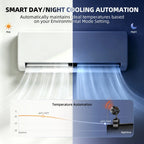 Split day and night cooling illustration showing a white and dark air conditioner with warm and cool airflow