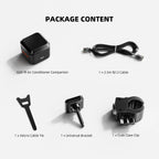 Package contents showing a black air conditioner companion, cable, Velcro tie, universal bracket, and crab claw clip