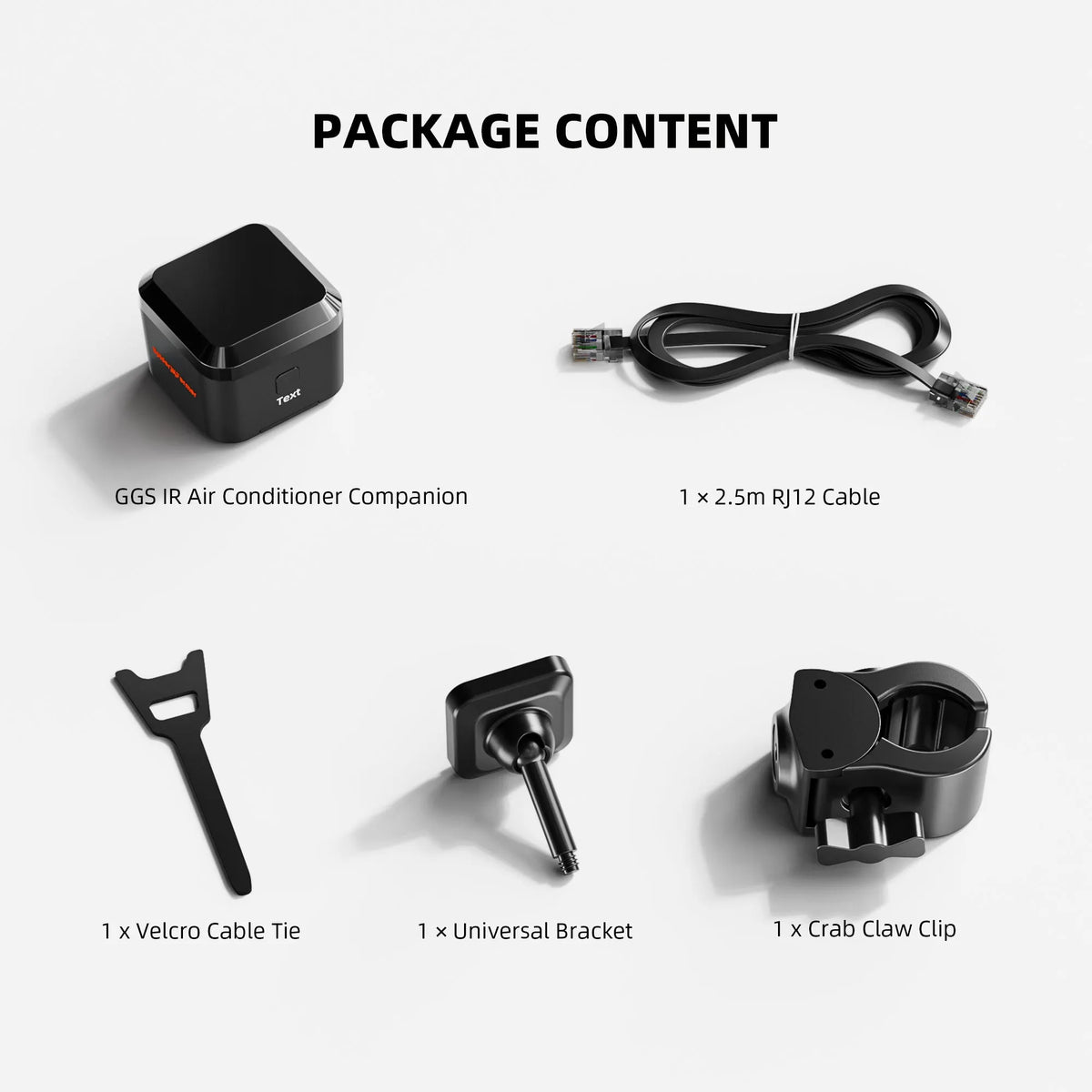 Package contents showing a black air conditioner companion, cable, Velcro tie, universal bracket, and crab claw clip