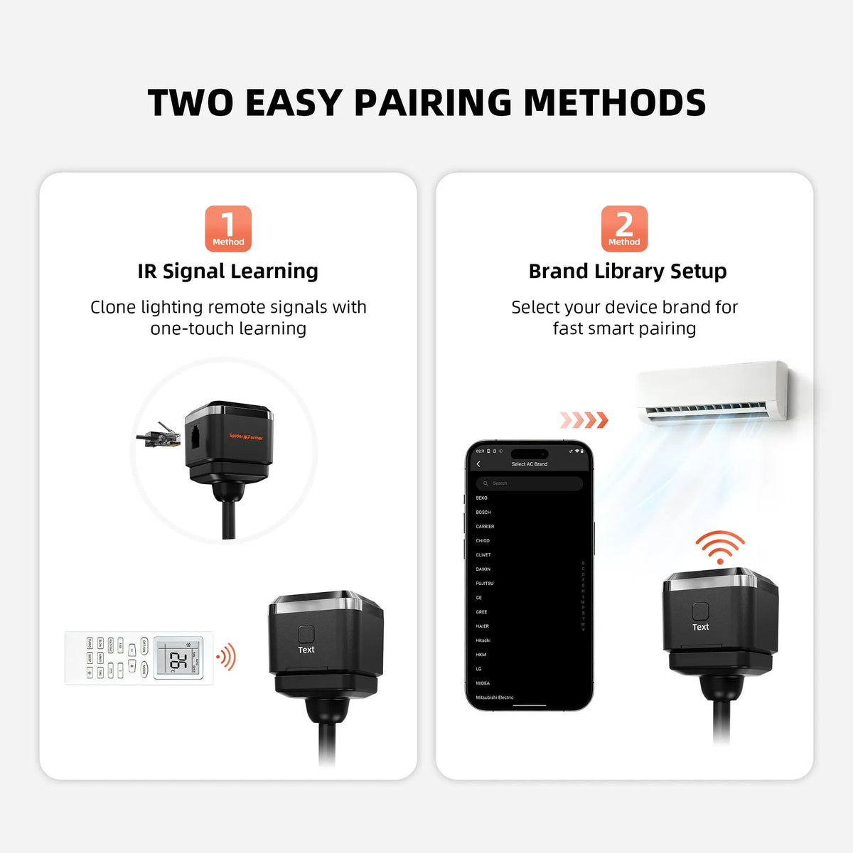 Pairing methods graphic showing infrared signal learning and brand library setup with a controller, phone, and air