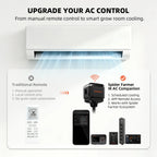 White wall mounted air conditioner blowing cool air above a smart AC controller and remote control devices
