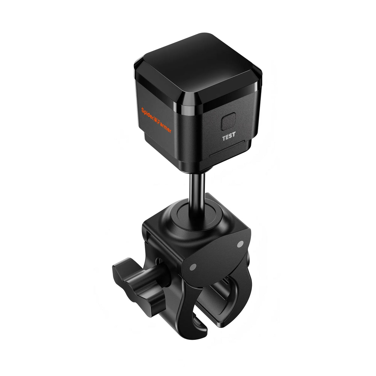 Black cube-shaped sensor on a vertical post, mounted to a clamp with a curved bracket and threaded tightening knob