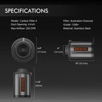 Carbon Filter 4 with stainless steel body, Australian charcoal, 205 CFM airflow, and labeled dimensional views
