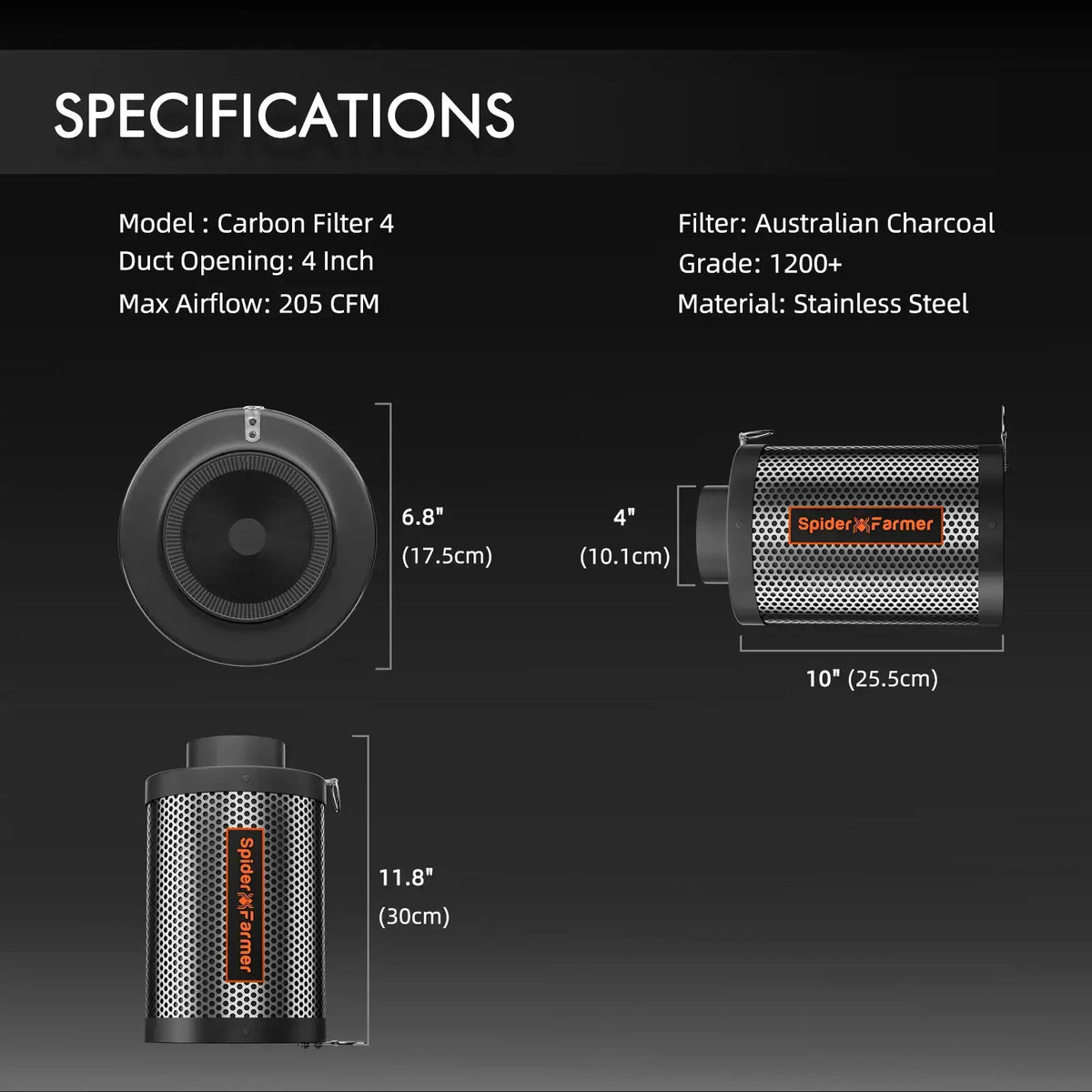 Carbon Filter 4 with stainless steel body, Australian charcoal, 205 CFM airflow, and labeled dimensional views