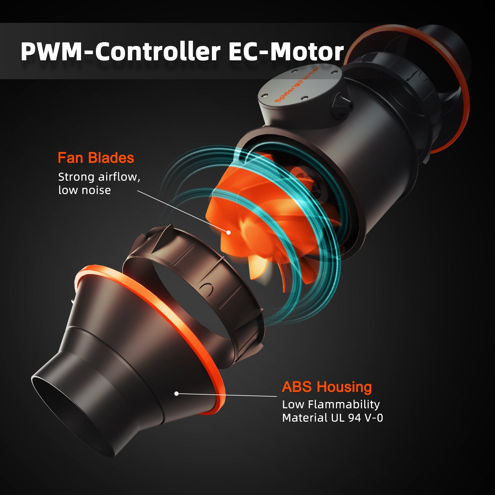 Spider Farmer 100mm exhaust fan with robust ABS housing — designed for strong airflow and low noise operation