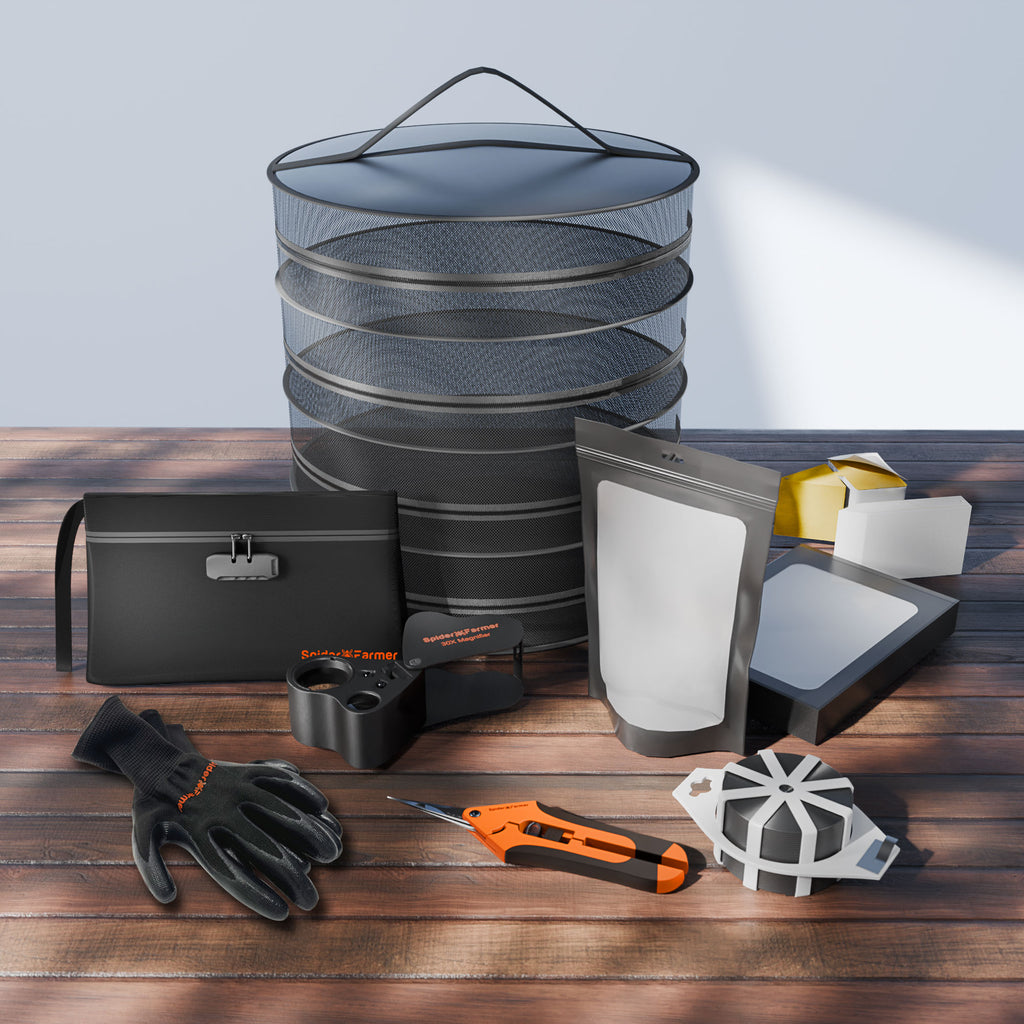 Versatile Spider Farmer 9-in-1 toolkit with black mesh drying rack and essential accessories for efficient germination and drying