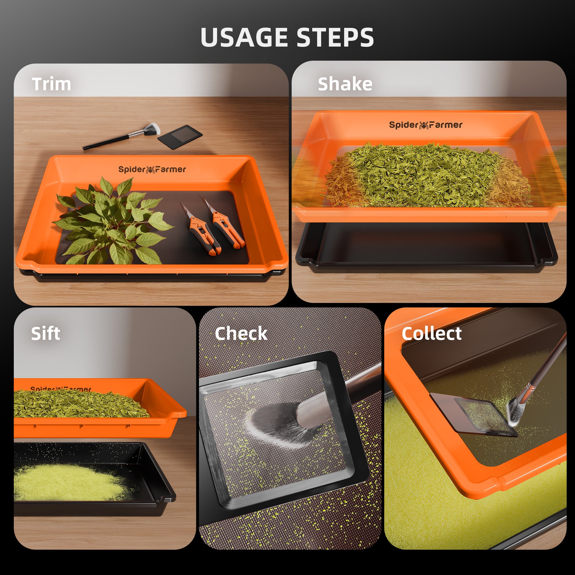 Trimm-Workflow: Verarbeitung von getrockneten Kräutern über dem 150µm Sieb.