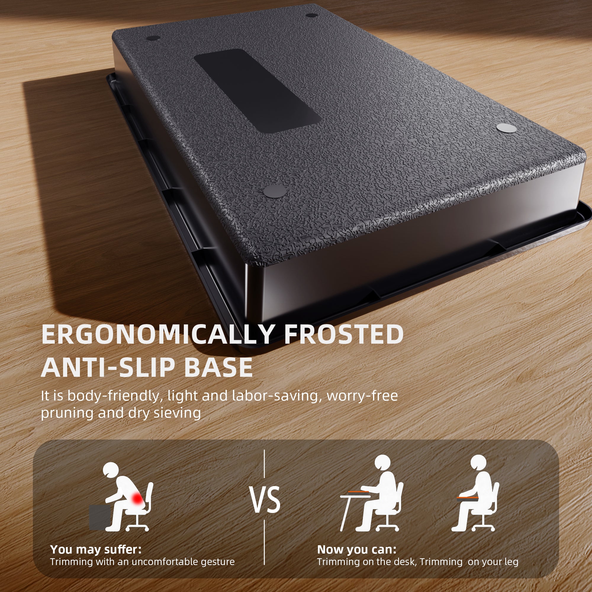 Anti-Rutsch-Unterseite des Trimm-Tabletts für stabilen Halt auf Tischoberflächen.
