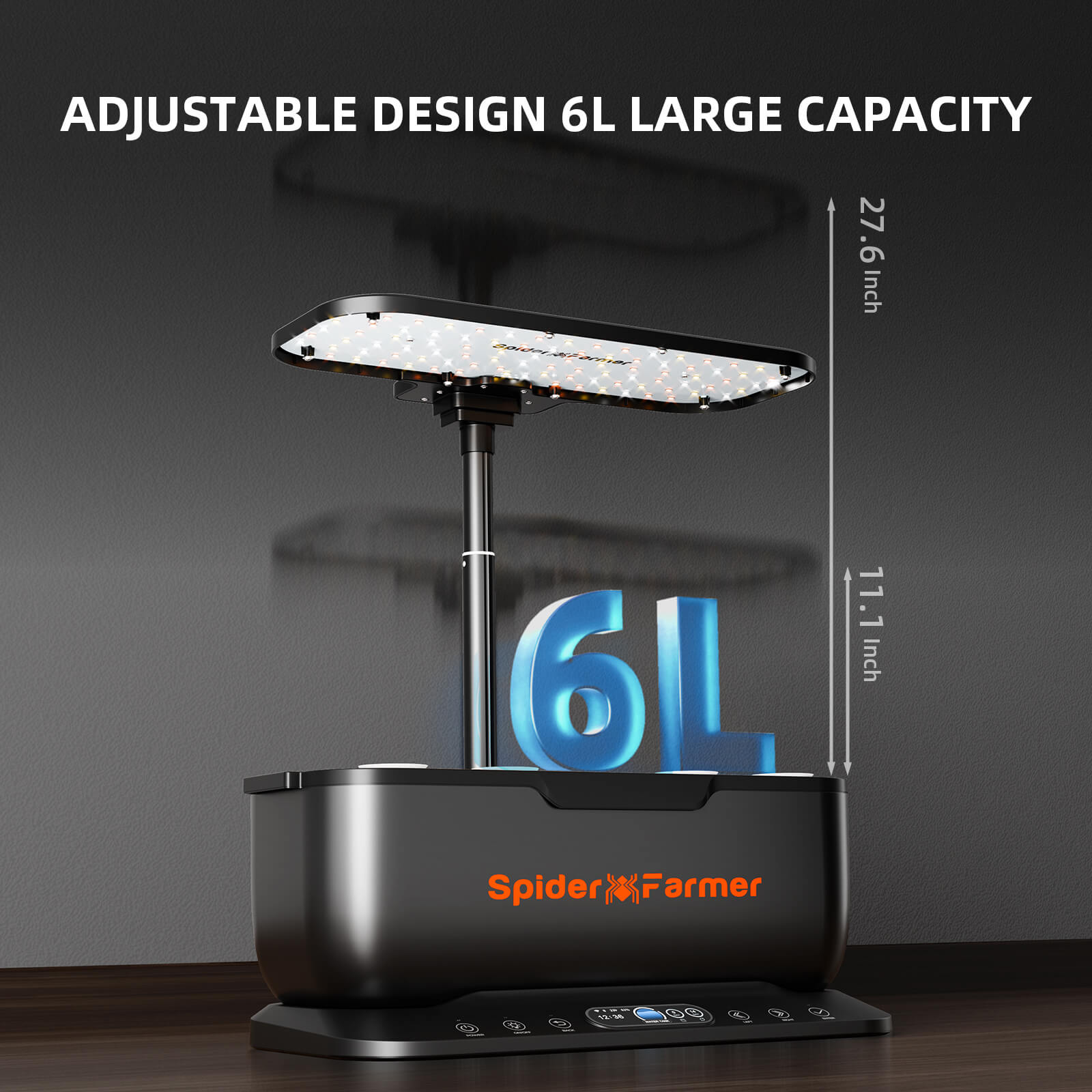 Spider Farmer SmartG12 hydroponic grow system in black with adjustable LED design and 6-liter water tank