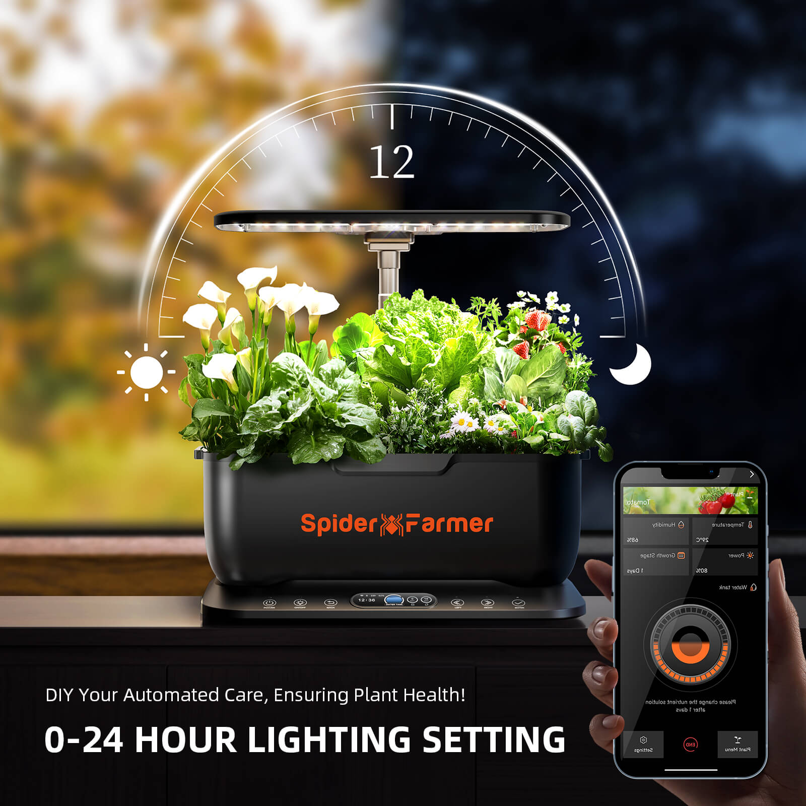 Spider Farmer SmartG12 hydroponic grow system in matte black with app and WiFi control, 36 W LED plant lamp