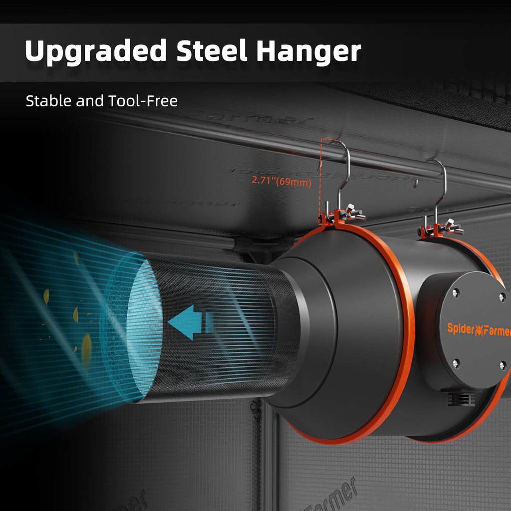 Spider Farmer 100mm exhaust fan with upgraded steel hanger — efficient airflow of 348 m³/h and integrated controller for optimal performance