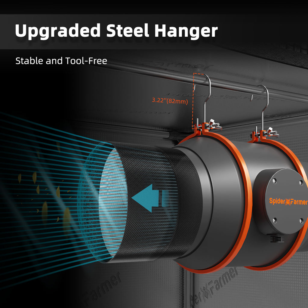 Efficient Spider Farmer 150mm ventilation system with carbon filter, featuring a sturdy steel hanger and airflow indicator.
