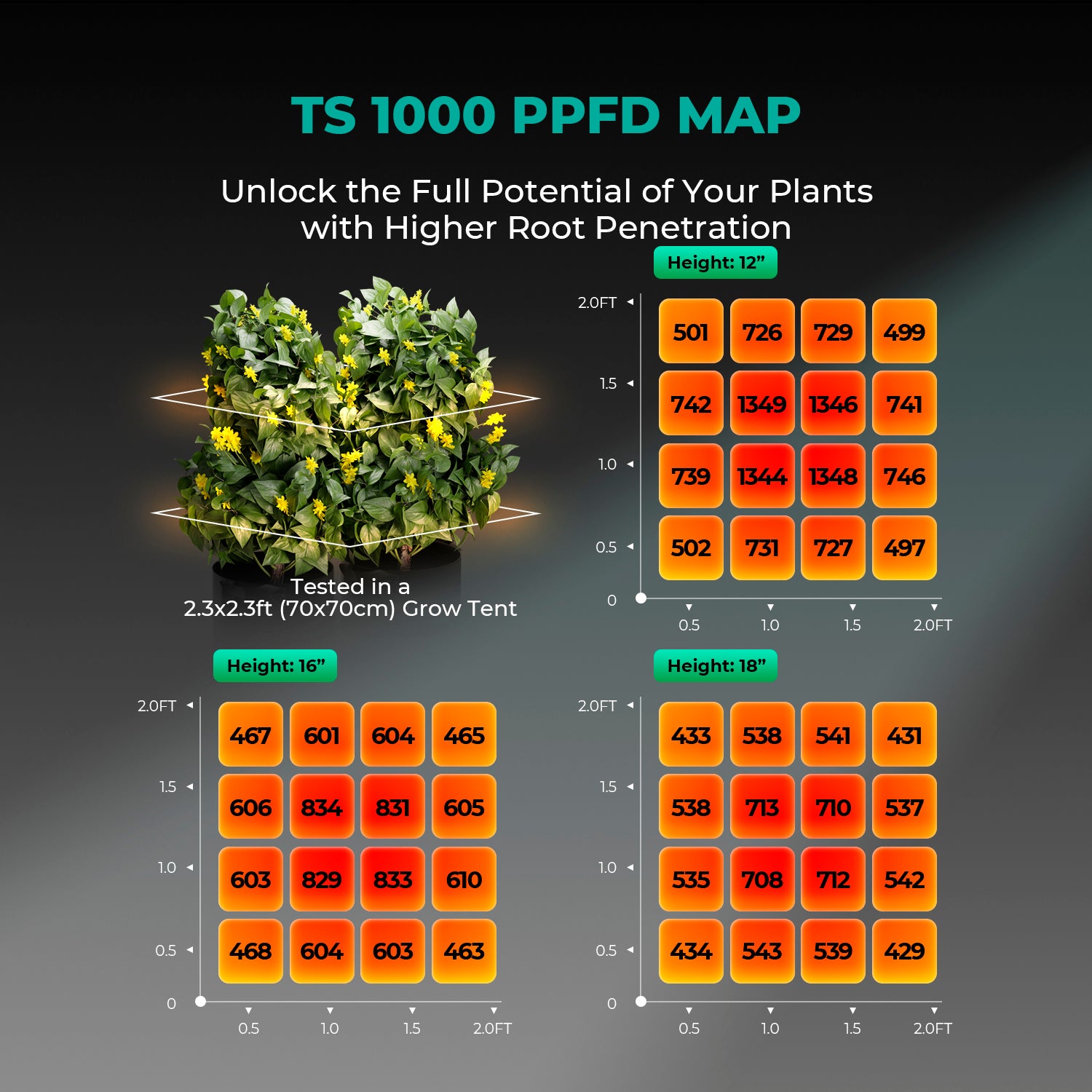 Mars Hydro TS1000-B smart grow tent setup graphic with LED test results for higher root penetration