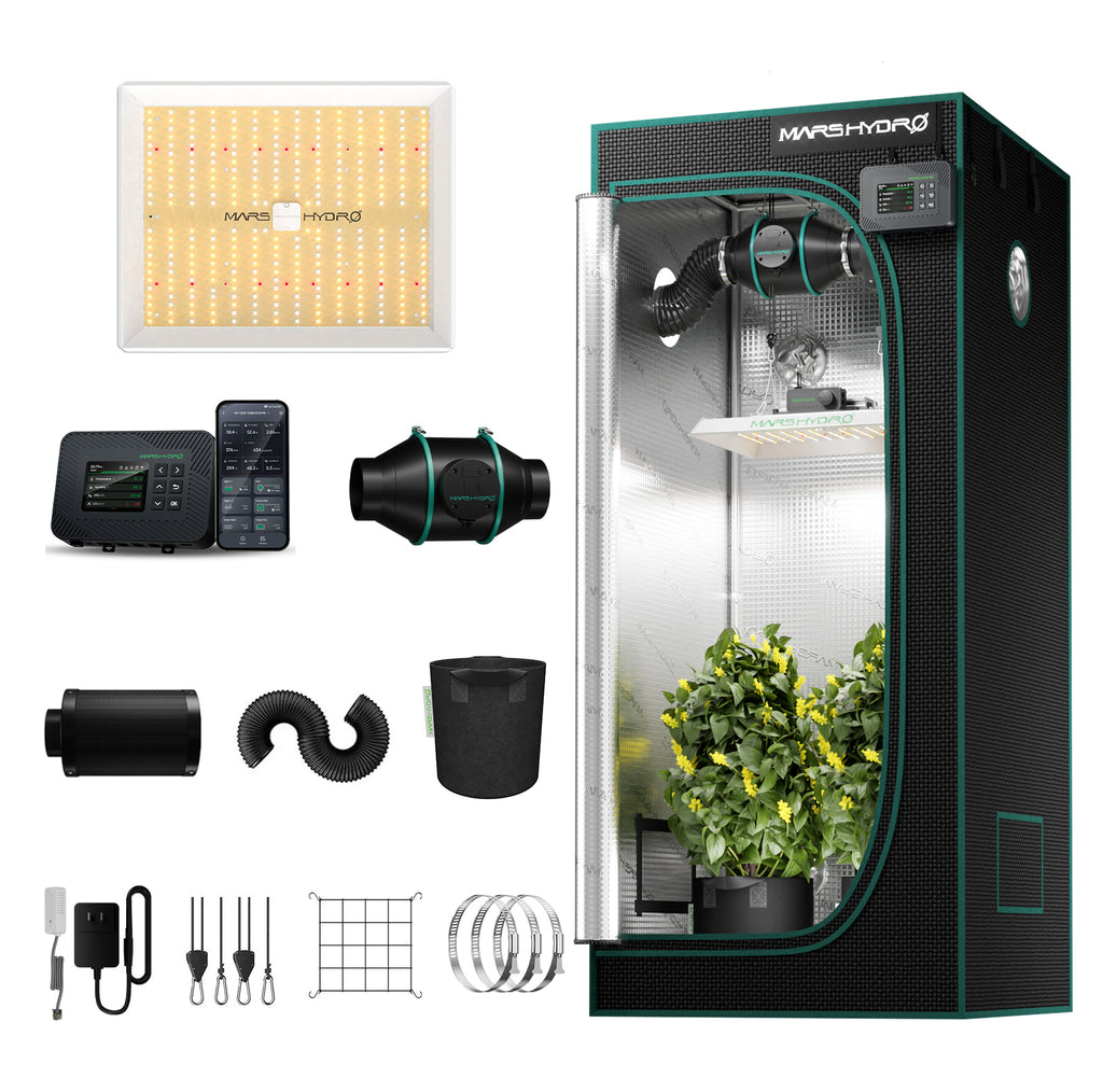 Mars Hydro grow tent kit in black and green with 4-inch ventilation system and active carbon filter