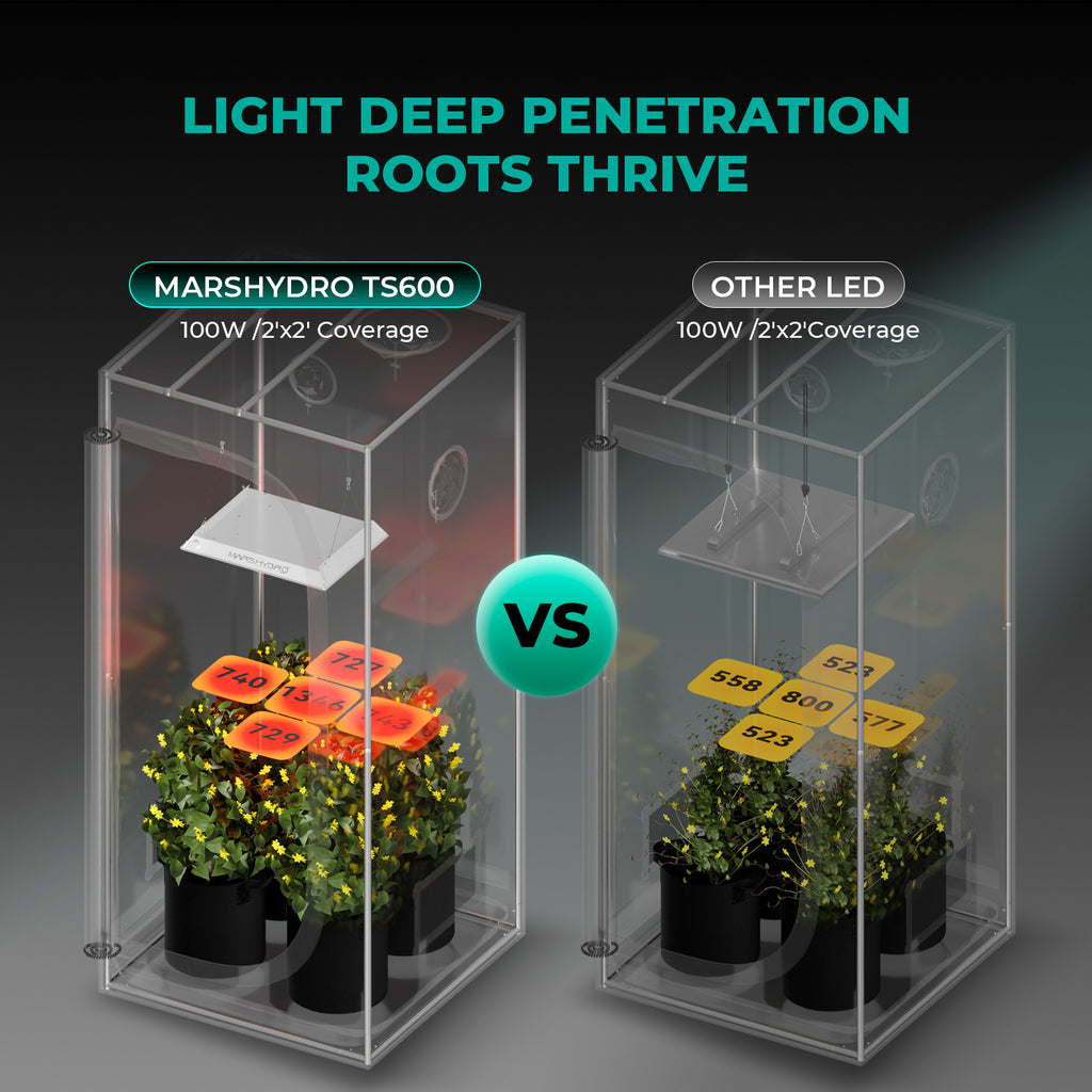 Mars Hydro TS-600 LED grow light with aluminium heat sink plate and fanless passive cooling system