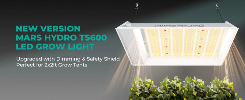 Suspended rectangular LED grow light with a white frame, glowing panels, and leafy plants beneath it