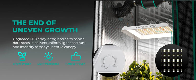 Indoor vertical garden with plants, grow light, ventilation fan, and text about even growth and air circulation