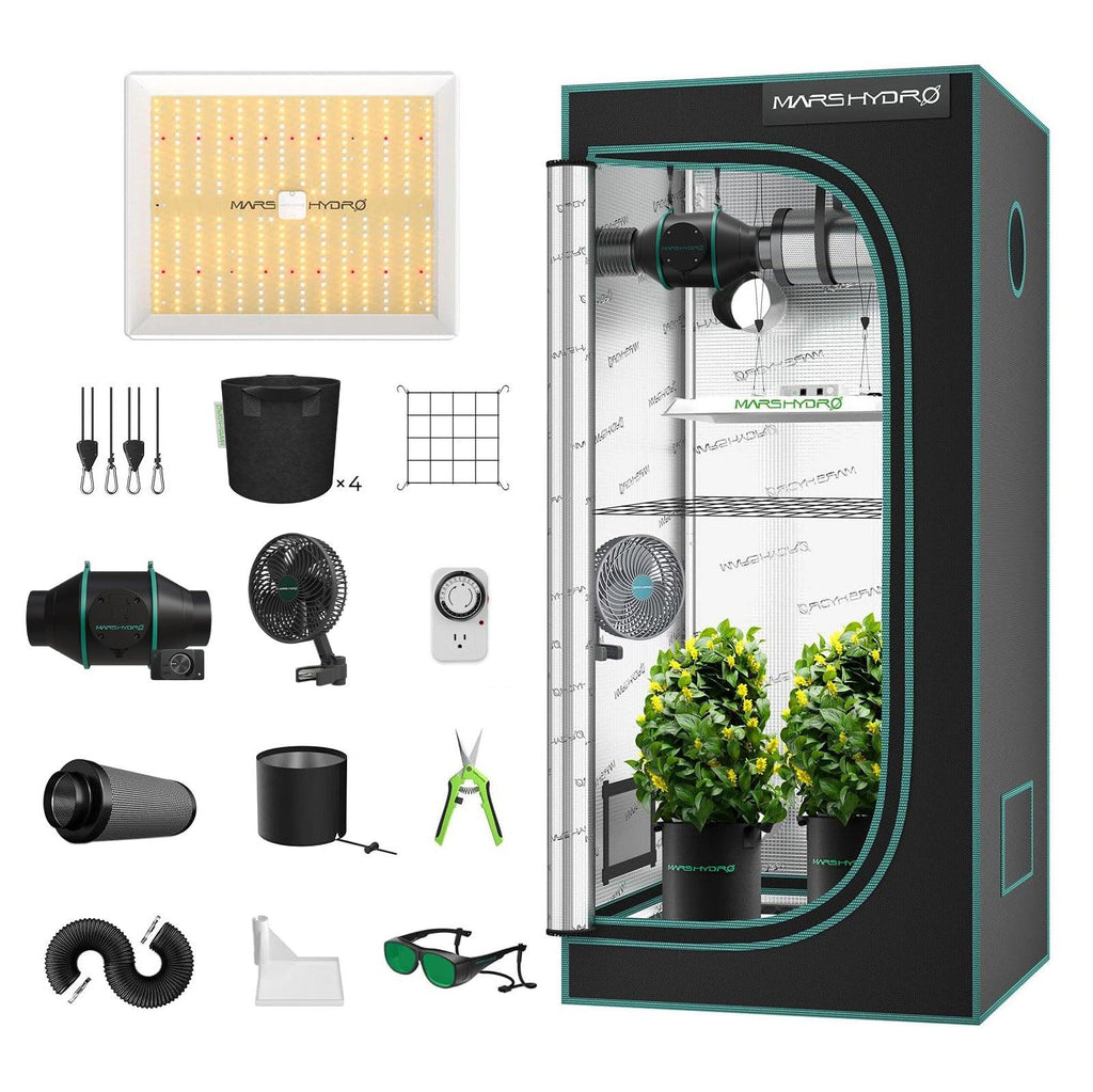 Mars Hydro TS 1000 Komplett-Set Übersicht mit 150W LED und 80x80cm Zelt.